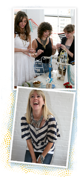 Customers shopping jewelry on trunk show tablescape. Merchandiser laughing.